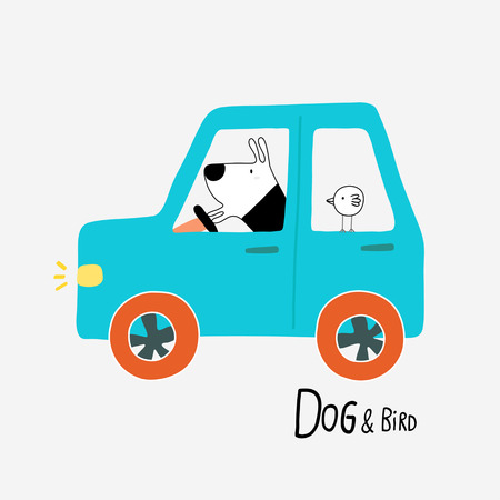 Dog & Bird driving a car, vector illustrationのイラスト素材