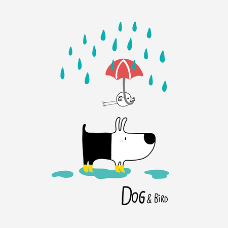 Dog & Bird under the rain, vector illustrationのイラスト素材