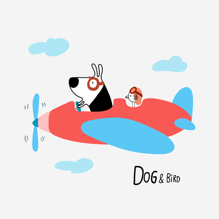 Dog & Bird flying a small plane, vector illustrationのイラスト素材