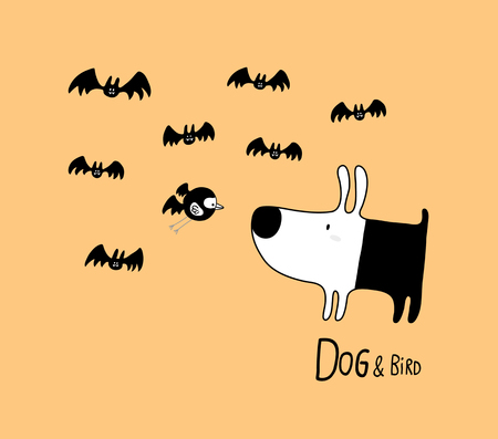 Dog & Bird in Halloween with bats, vector illustrationのイラスト素材