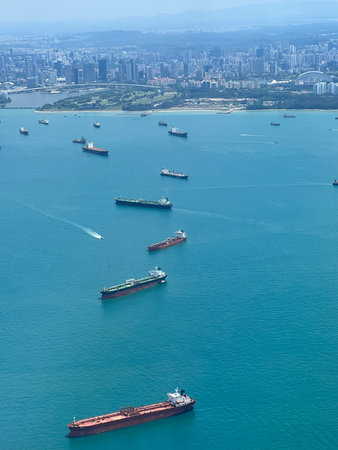 Aerial view of cargo ships in the sea, Singapore