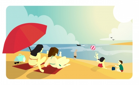 People enjoying a sunny day at the beach のイラスト素材
