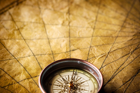 Close up view of the compass on the old map