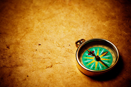 Close up view of the compass on old paper