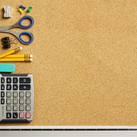 Close up view of the office tools on cork boardの写真素材