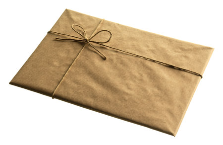 front of brown envelop on the white background