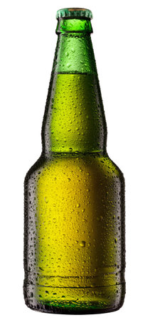 cold beer bottle with water droplets on surfaceの写真素材