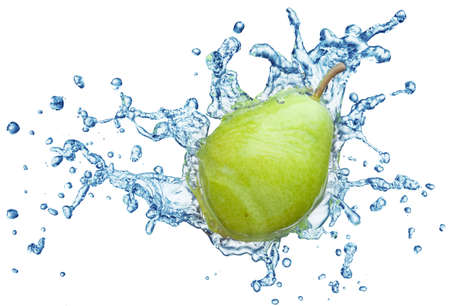 pear in spray of water. Juicy pear with splash on white backgroundの写真素材