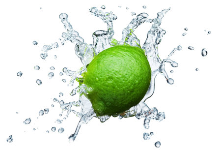 lime in spray of water. lime cucumber with splash on backgroundの写真素材