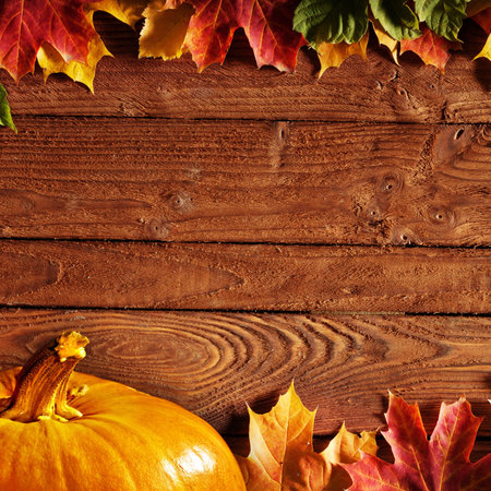 autumn background with colored leaves on wooden boardの写真素材