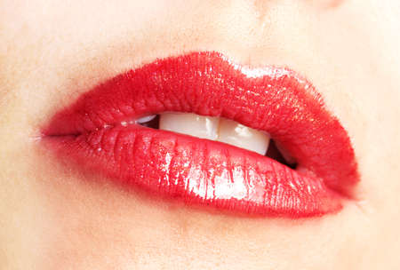 Close-up lips of beauty young woman - lips make-up zoneの写真素材