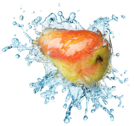 pear in spray of water. Juicy pear with splash on white backgroundの写真素材
