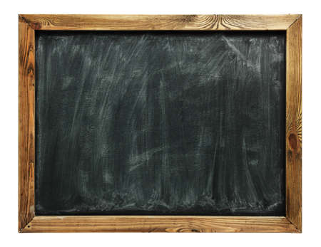 Blank chalkboard in wooden frame isolated on whiteの写真素材