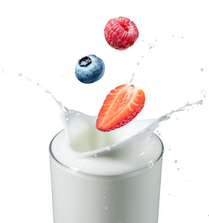 splashing blueberry, raspberry and strawberry into a milk glass on whiteの写真素材
