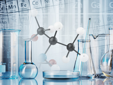 Laboratory glassware on color backgroundの写真素材