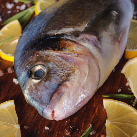 Raw dorado fish with rosemary and sea salt server on old wooden table.