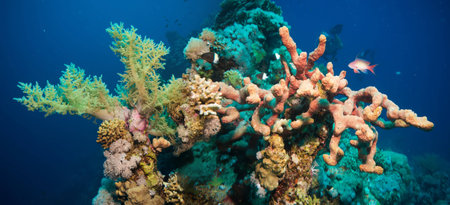 Colorful underwater offshore rocky reef with coral and sponges and small tropical fish swimming by in a blue oceanの写真素材