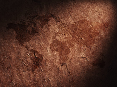 world map displayed on the corrugated old paper. Close up