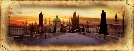 View of the Lesser Bridge Tower of Charles Bridge in Prague Karluv Most the Czech Republic. This bridge is the oldest in the city and a very popular tourist attraction.Filtered image: vintage effect.のeditorial素材