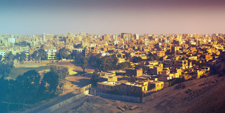 Panorama on Cairo from Pyramid.Filtered image: cool cross processed vintage effect.