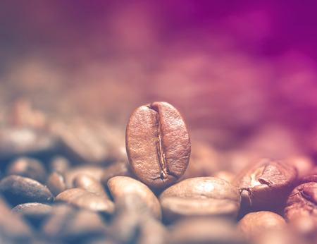 Closeup of coffee beans with focus on one. Filtered image: vintage effect.の写真素材