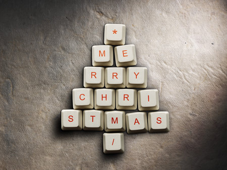 Christmas card - Christmas tree made of computer keys, Old paper background