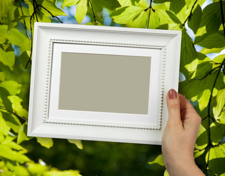 Wooden frame in beautiful woman hands on the background of green foliage