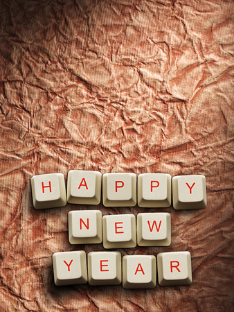 Happy New Year - Christmas tree made of computer keys, Old paper backgroundの写真素材