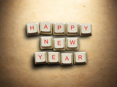 Happy New Year - Christmas tree made of computer keys, Old paper backgroundの写真素材