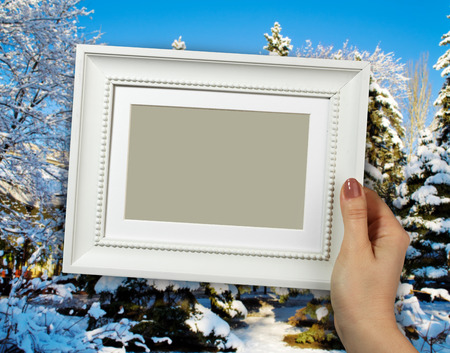 Wooden frame in beautiful woman hands on the winter forest landscape backgroundの写真素材