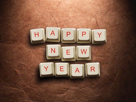 Happy New Year - Christmas tree made of computer keys, Old paper background