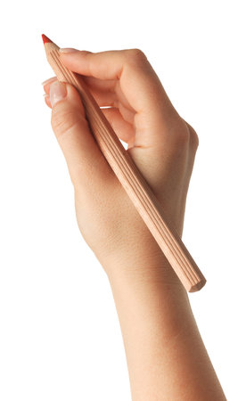 Female hand is ready for drawing with red pencil. Isolated on white.の写真素材