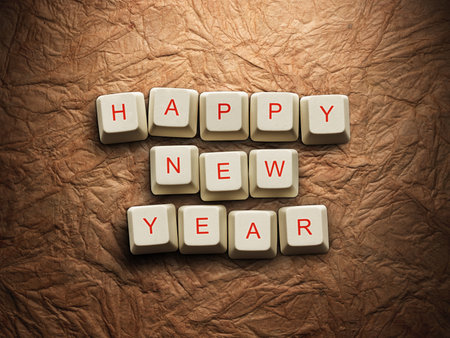 Happy New Year - Christmas tree made of computer keys, Old paper background
