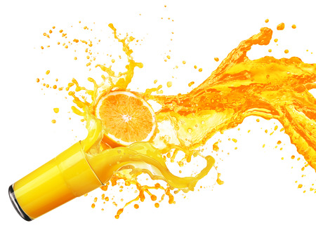 Orange juice splashing with its fruits isolated on white backgroundの写真素材