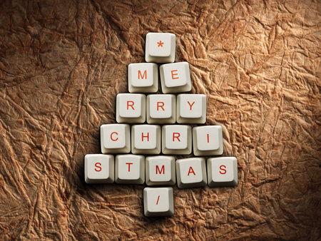 Christmas card - Christmas tree made of computer keys, Old paper background
