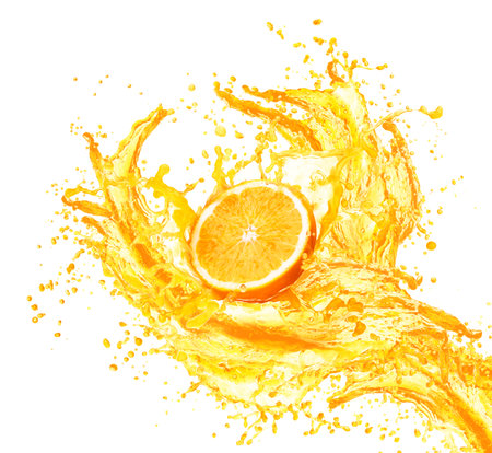 Orange juice splashing with its fruits isolated on white backgroundの写真素材