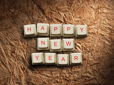 Happy New Year - Christmas tree made of computer keys, Old paper backgroundの写真素材