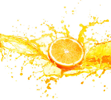 Orange juice splashing with its fruits isolated on white backgroundの写真素材