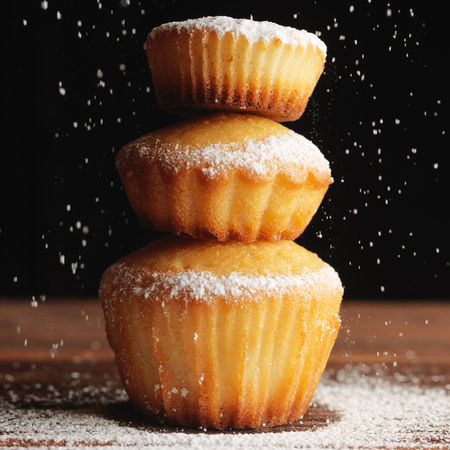 Christmas muffins covered powdered sugar, background for congratulationsの写真素材