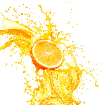 Orange juice splashing with its fruits isolated on white backgroundの写真素材