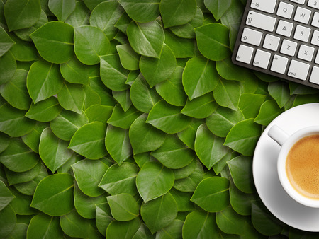 coffee mug and keyboard. background of green leavesの写真素材