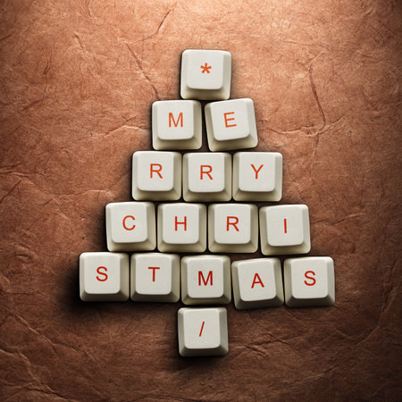 Christmas card - Christmas tree made of computer keys, Old paper background