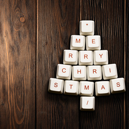 Christmas card - Christmas tree made of computer keys,wooden backgroundの写真素材