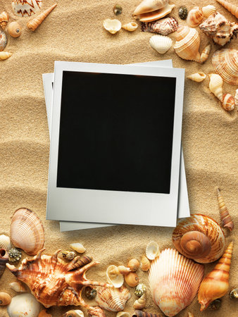 Pictue frame on shells and sand background. Copy space.