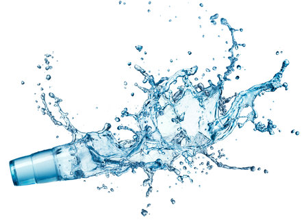 blue water splash in glass isolated on white background