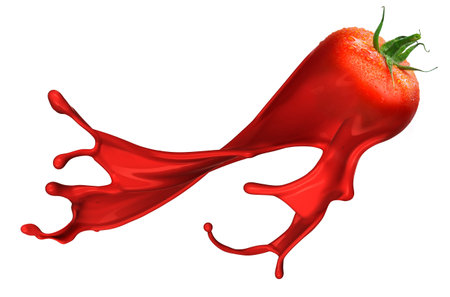 Red tomato with pait splash isolated on white backgroundの写真素材