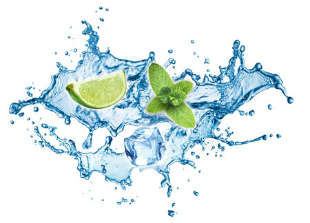 Ice cubes, mint leaves, water splash and lime isolated on a white background. Mojitoの写真素材