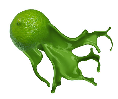 Green lime with pait splash isolated on white backgroundの写真素材
