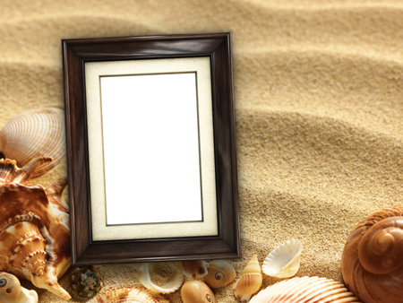 Pictue frame on shells and sand background. Copy space.の写真素材