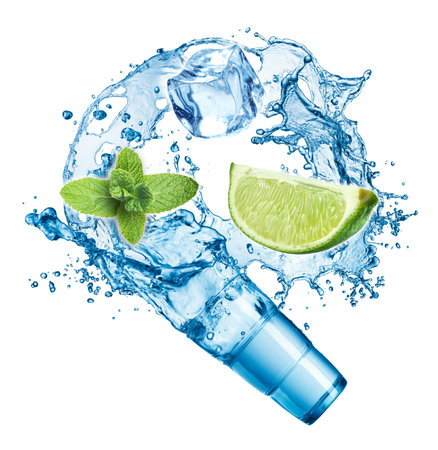 Ice cubes, mint leaves, water splash, lime and glass on a white background. Mojitoの写真素材